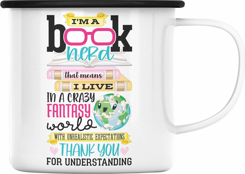 Trendation - Leseratte Geschenk Emaille Tasse I'm A Book Nerd Bücher Lesen Bücherwurm Geschenk Spruch Lesen (Schwarz)