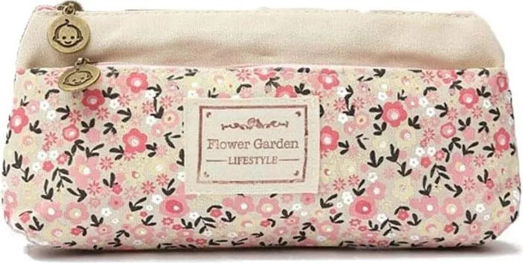 Trousse vintage en toile à deux compartiments motif floral bleu et blanc