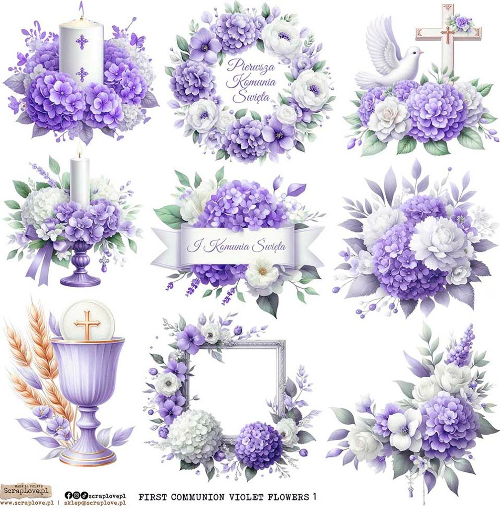 AUFKLEBER ScrapLove Nachbildung Stickers - First Communion Flowers Violet 1