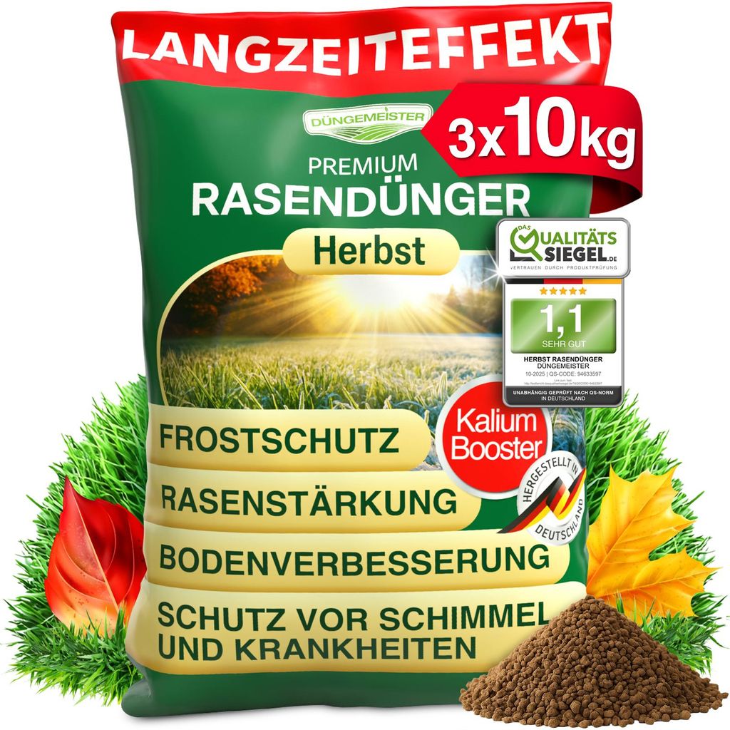 DÜNGEMEISTER Herbst Rasendünger – mit Langzeitwirkung und KaliumschutzPlus Formel für extrem winterfesten, sattgrünen Rasen! Perfekte Widerst...