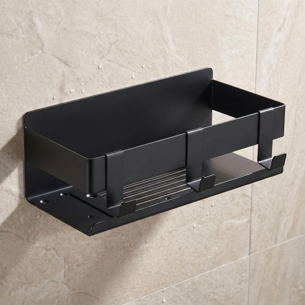 DEKAZIA® Duschablage Edelstahl Schwarz - Selbstklebendes Produktbild 