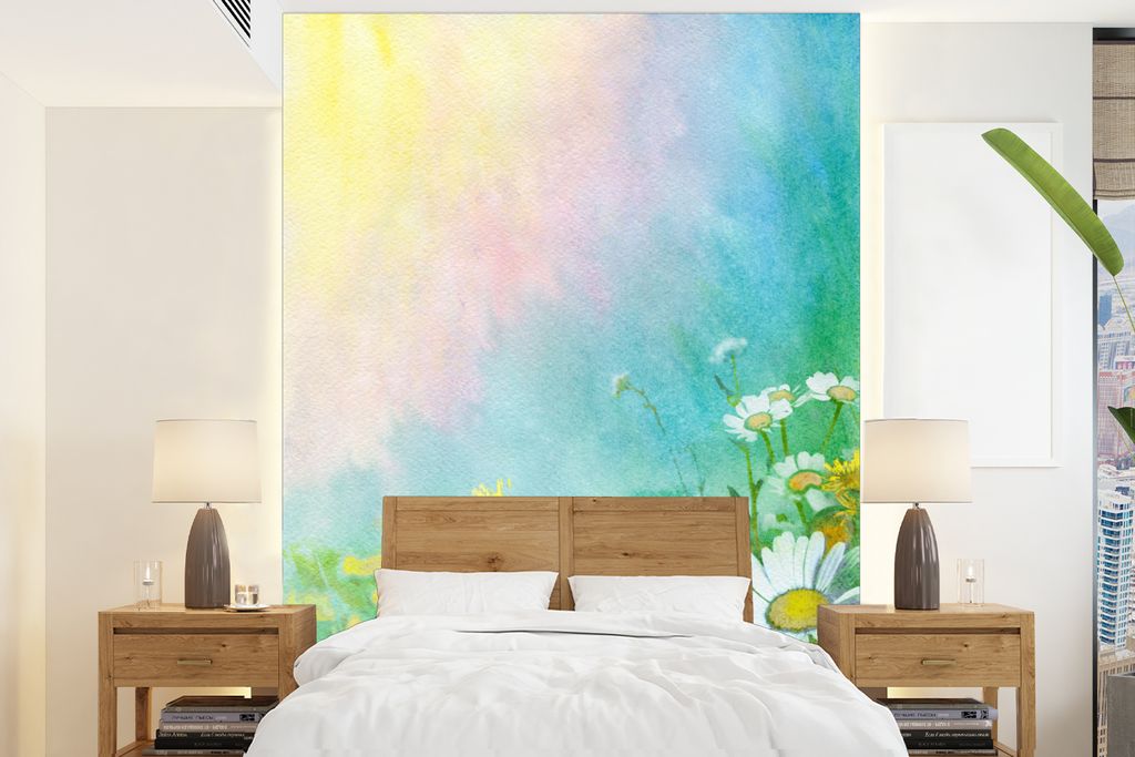 MuchoWow Fototapete für Wohnzimmer oder Schlafzimmer Wandtapete Vinyl Motivtapete Gänseblümchen - Sonne - Sommer - 175x240 cm - Schlafzimmerta...