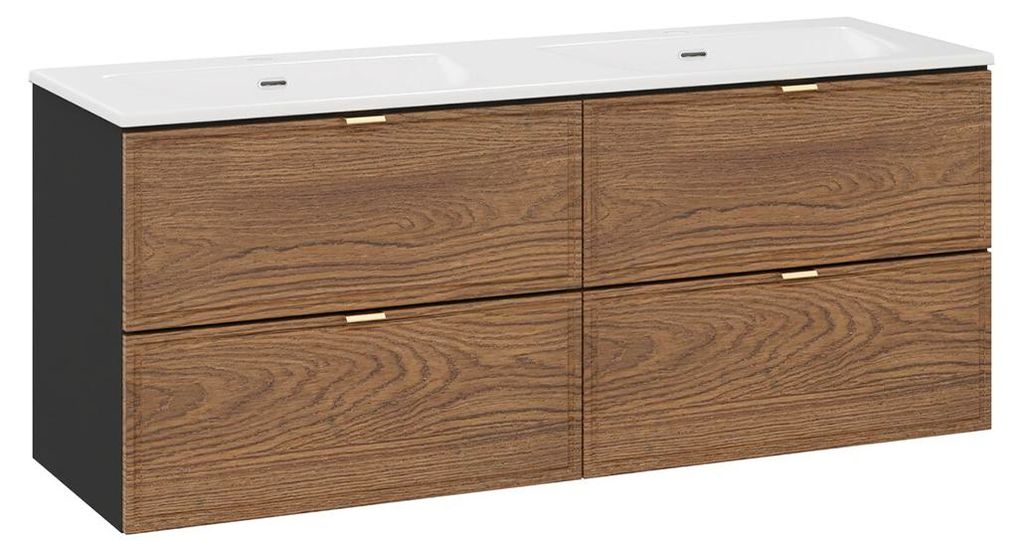 Doppelwaschtisch 120cm Elena mit 4 Schubladen, Holzoptik und Schwarz