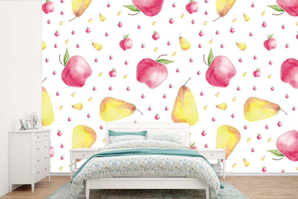 MuchoWow Fototapete für Wohnzimmer oder Schlafzimmer Wandtapete Vinyl Motivtapete Birnen - Äpfel - Aquarell - 330x220 cm - Fototapeten