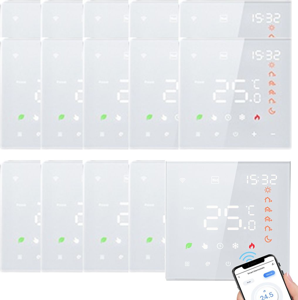 A collage of smart thermostats, with one thermostat shown in use with a smartphone.
