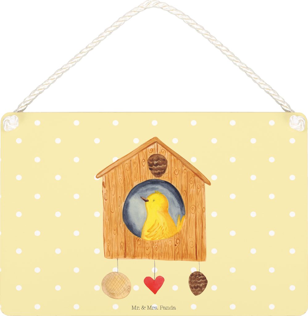 Mr. & Mrs. Panda Schild Vogel Haus DIN A5 - Gelb Pastell - Geschenk, kleine aufmerksamkeit, Wandbild Holz, Lustige Sprüche, hängeschild, wandtafe...
