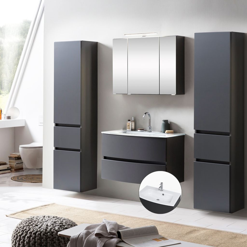 Badmöbel Komplett Set 4-tlg. LAURIA-03 in Graphitgrau mit matt grau, BxHxT: ca. 200x200x49 cm