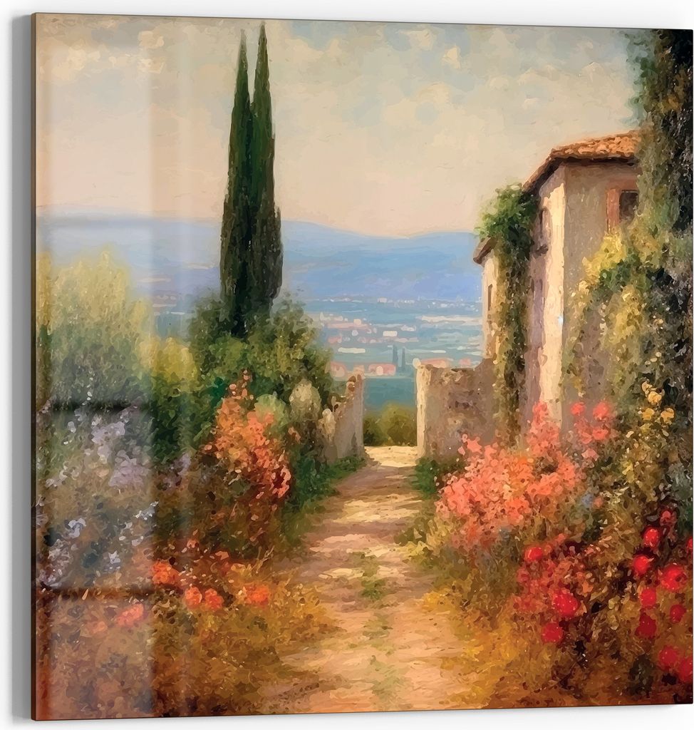 DEQORI Glasbild Echtglas 50x50 cm 'Mediterrane Gartenidylle' Wandbild Bild modern Deko
