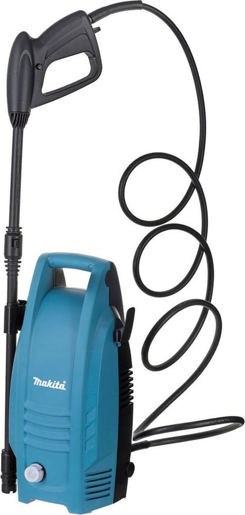 A turquoise and black pressure washer with its hose and spray gun.