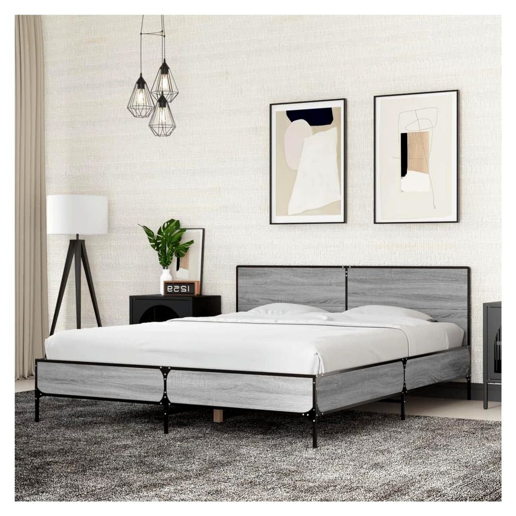 Bettgestell Grau Sonoma 150x200 cm aus Holzwerkstoff und Metall