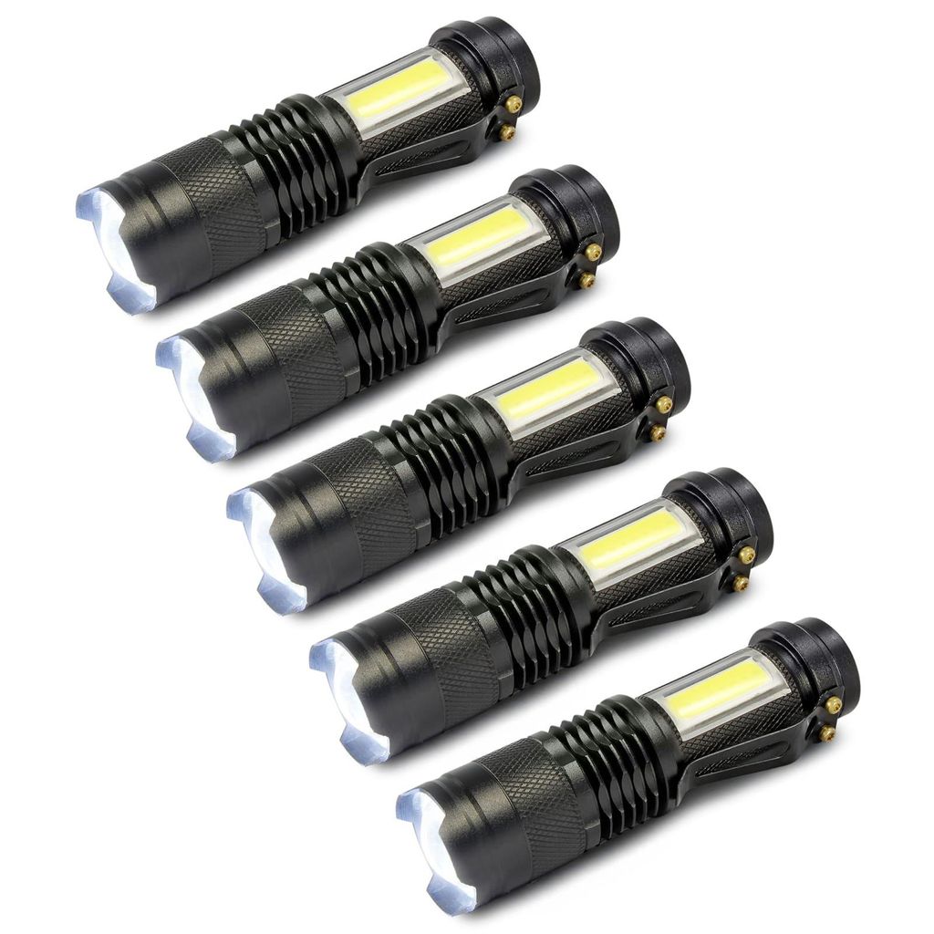 Mini LED-Taschenlampen Glow-Max 5er-Set, mit 2 Lichtquellen, XPE mit Zoom und COB-Seitenlicht, 3 Lichtmodi, wiederaufladbarer Akku, USB