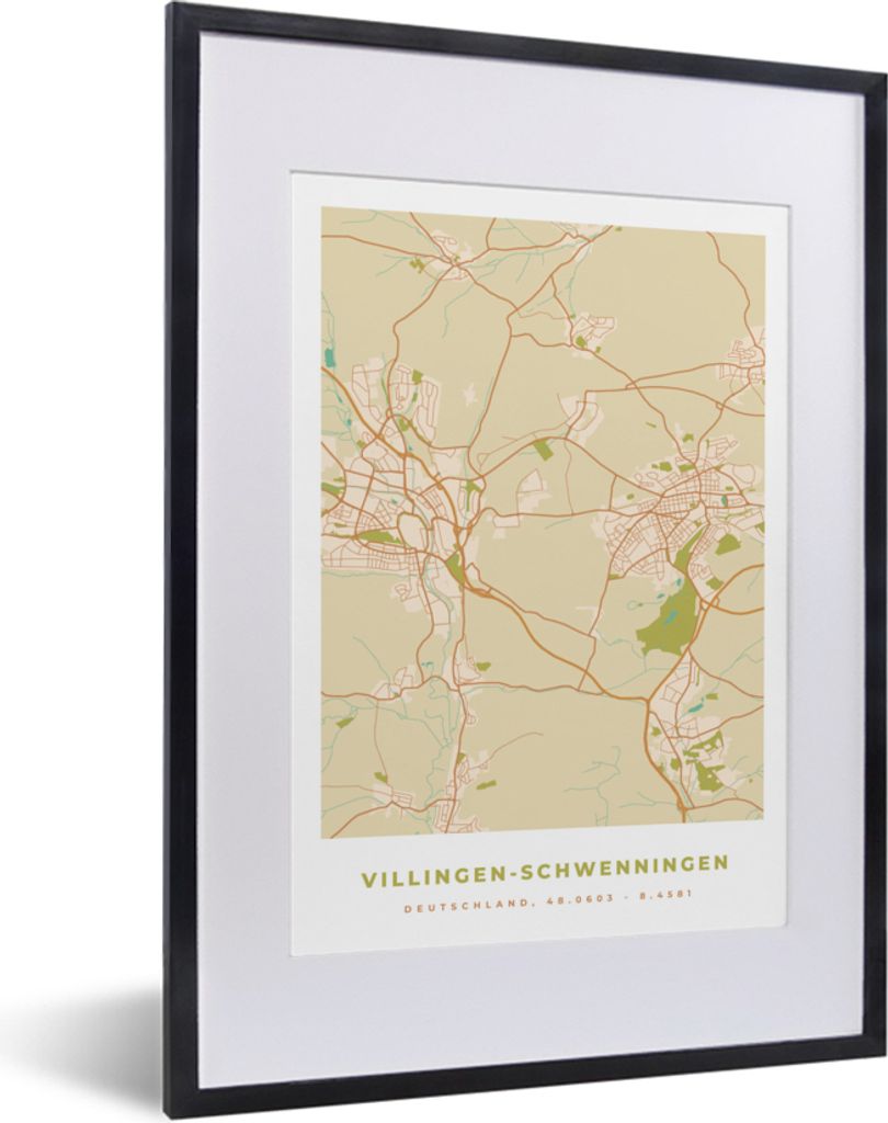 MuchoWow Gerahmtes Poster Karte - Villingen-Schwenningen - Karte - Stadtplan - Vintage 30x40 cm - Poster mit Schwarzem Bilderrahmen Wandposter Ra...