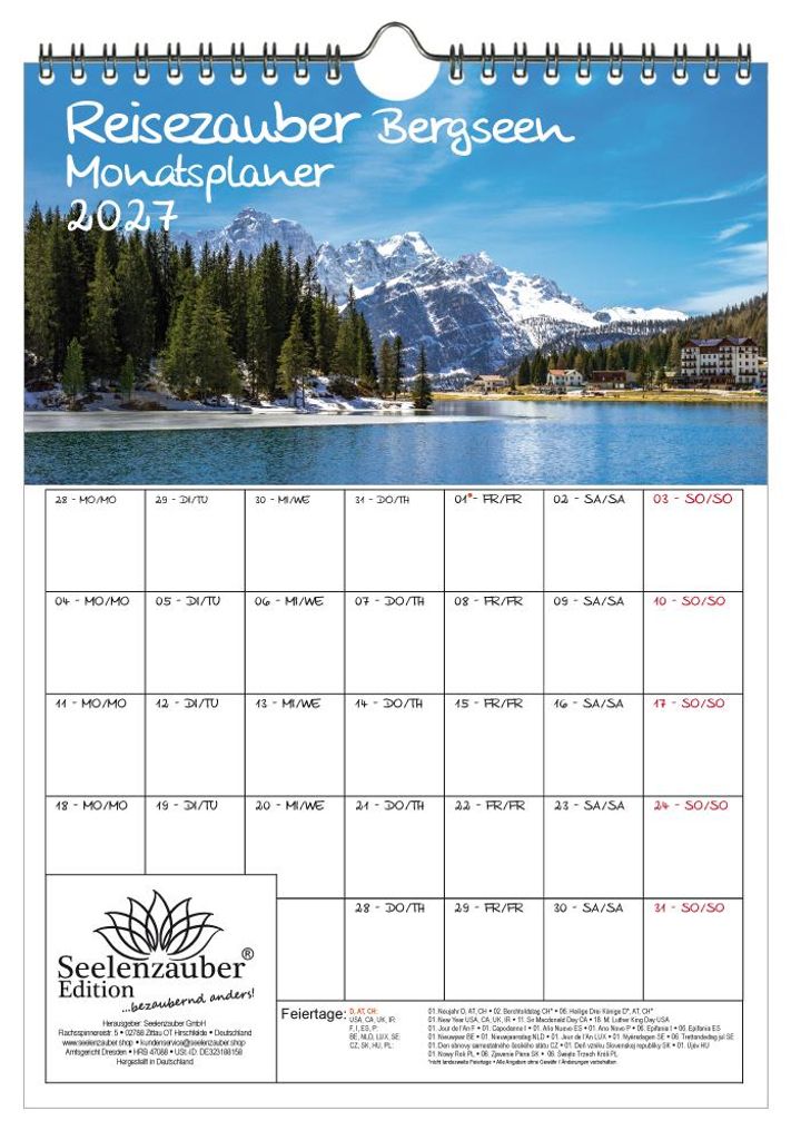 Reisezauber Bergseen Planer DIN A4 Kalender für 2027 Bergseen Gipfel und Berge - Geschenkset Inhalt: 1x Kalender, 1x Weihnachtsanhänger (insgesam...
