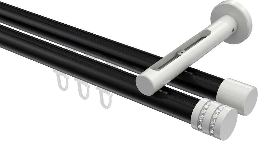 Interdeco Innenlaufstange / Gardinenstange mit Innenlauf Schwarz / Weiß, Typ Siteno Estana (Glitzerkappe), 20 mm Ø 2-läufig, 260 cm