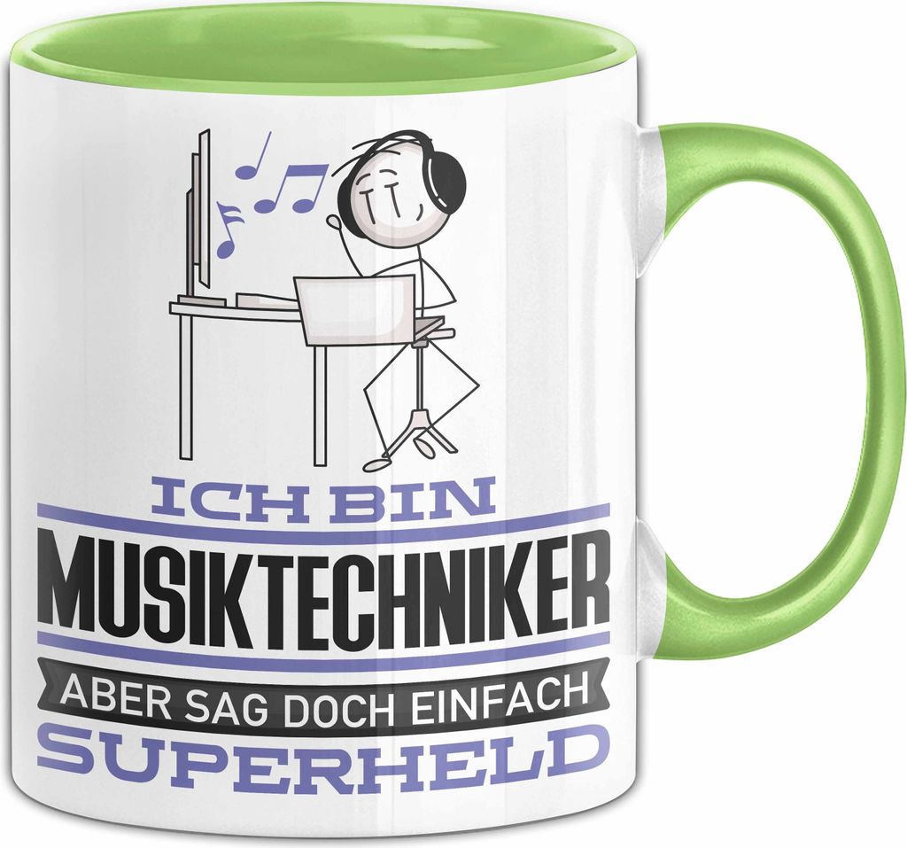 Musiktechniker Geschenk Tasse Ich Bin Musiktechniker Aber Sag Doch Einfach Superheld Lustige Geschenkdiee für Musiktechniker Kaffee-Becher (Grün)