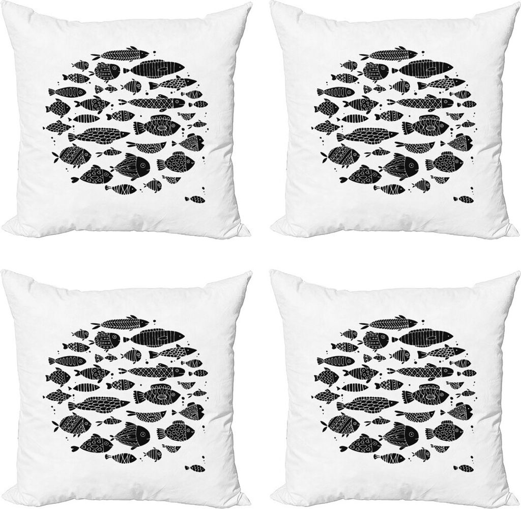 ABAKUHAUS Goldfisch Kissenbezug Set (4 Stück), Schwarz Silhouetten Kreis, Moderner Doppelseitiger Digitaldruck, 40 cm x 40 cm, Schwarz und weiß