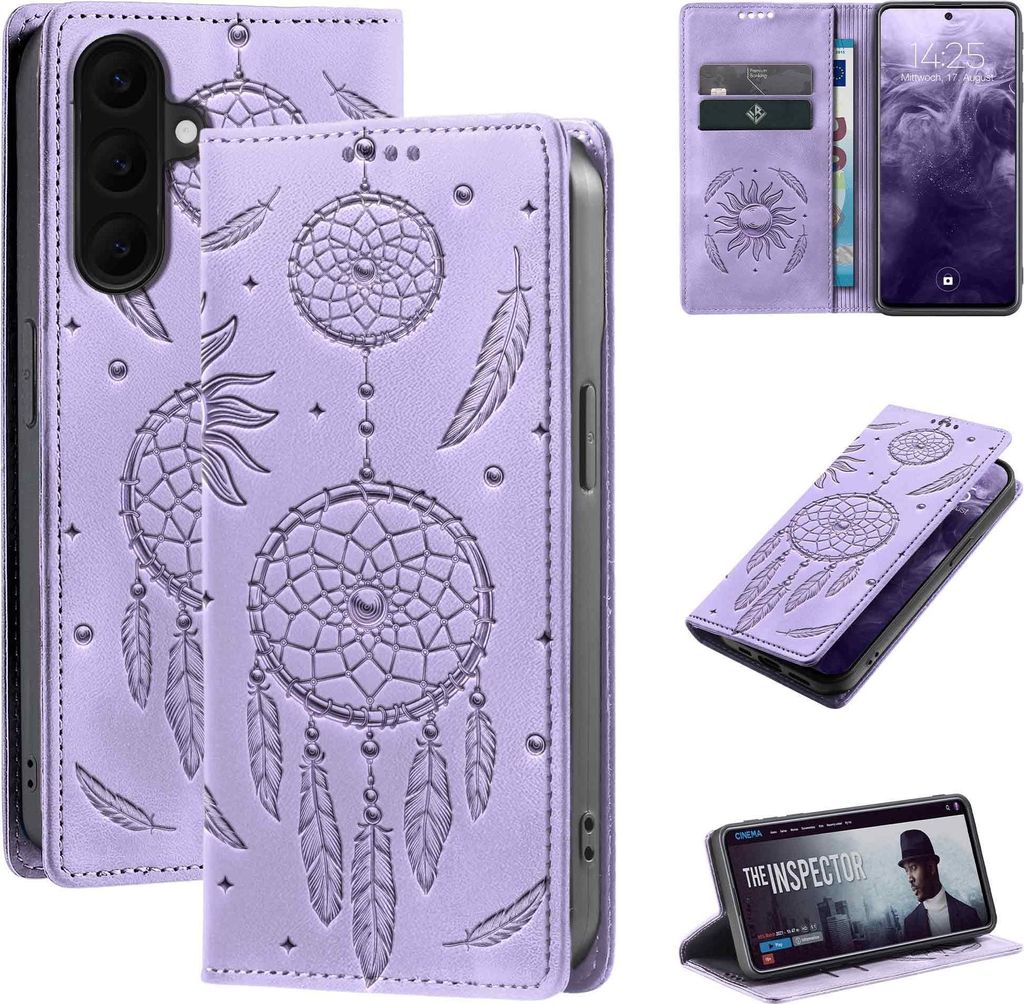 Handyhülle für Samsung Galaxy A37 5G RFID Schutz Klapphülle Case Cover Blumen Design Traumfänger Schutzhülle Farbe: Violett