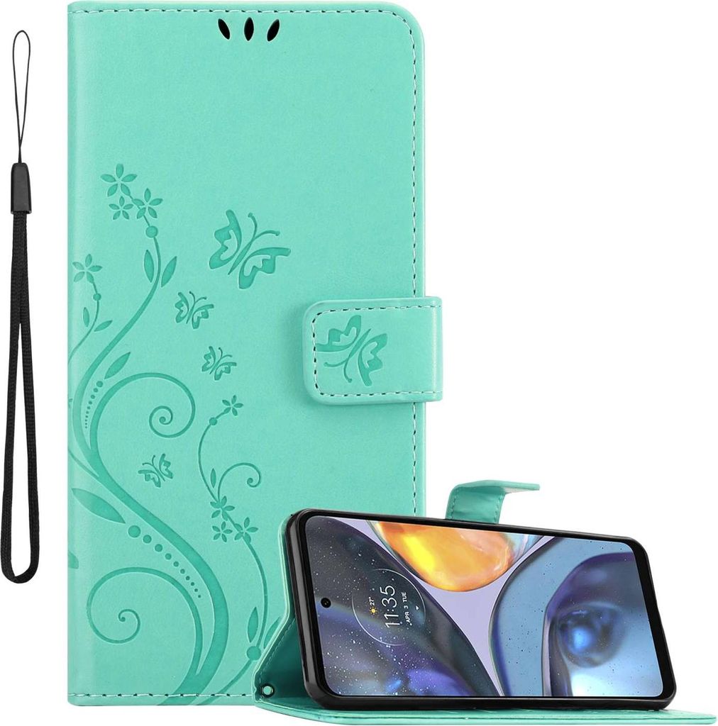 Cadorabo Hülle für Motorola MOTO G22 in FLORAL TÜRKIS Schutzhülle im Blumen Design mit Magnetverschluss, Standfunktion und Kartenfächern Flip ...