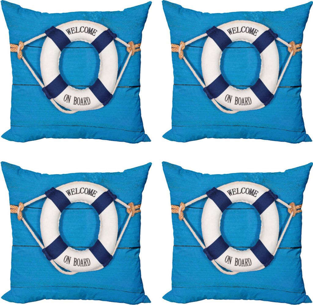 ABAKUHAUS Boje Kissenbezug Set (4 Stück), Willkommen an Bord Zeichen, Moderner Doppelseitiger Digitaldruck, 40 cm x 40 cm, Blau Marine-Blau-Weiß