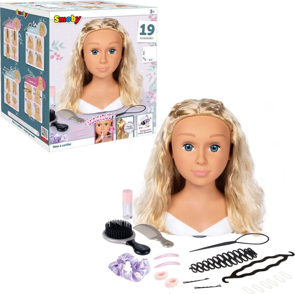 A styling head doll with accessories, shown with its packaging.