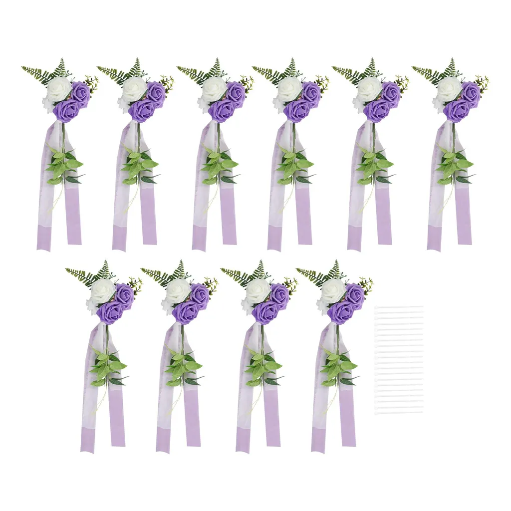Ornement de Chaise Mariage Facile à Installer Fleurs Blanc Violet x10 PCS
