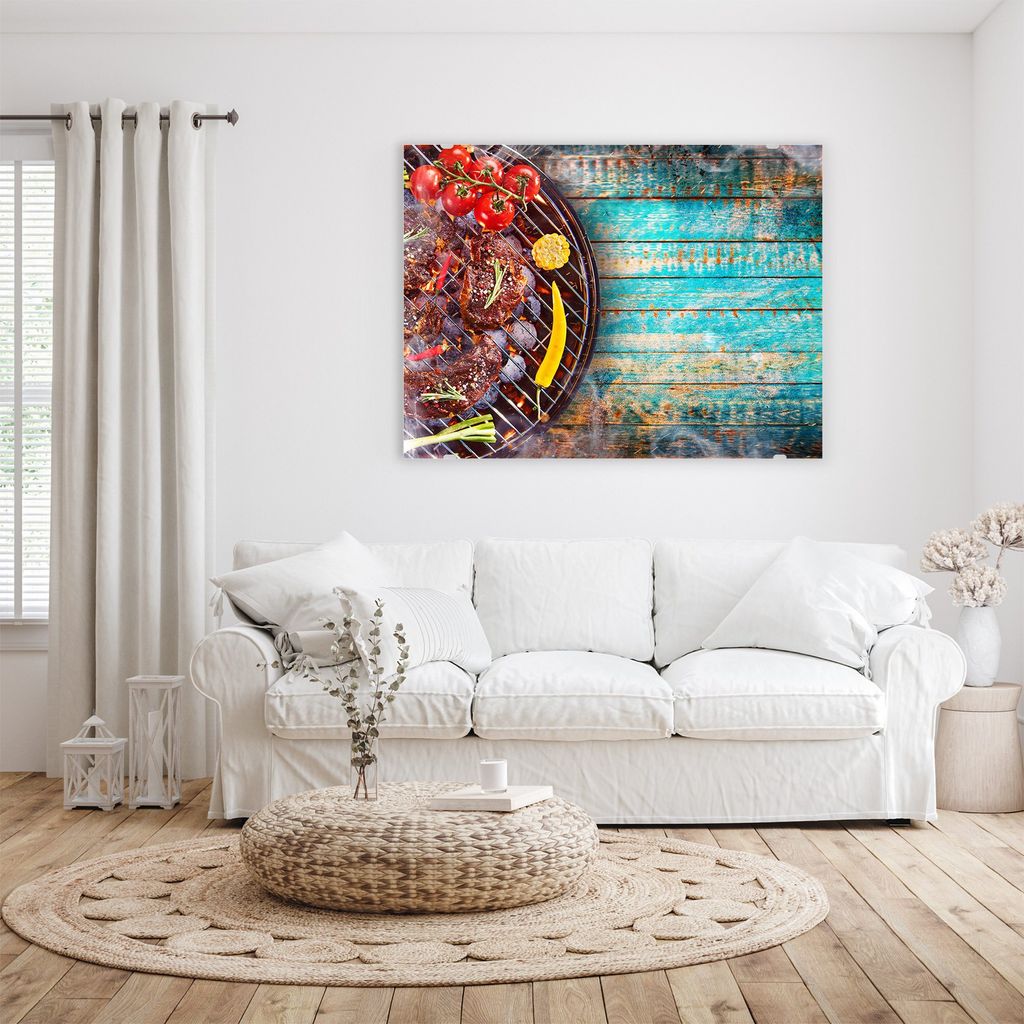 Glasbild Wandbild Fleisch auf Grill 80x60cm in XXL für Wohnzimmer, Schlafzimmer, Badezimmer, Flur