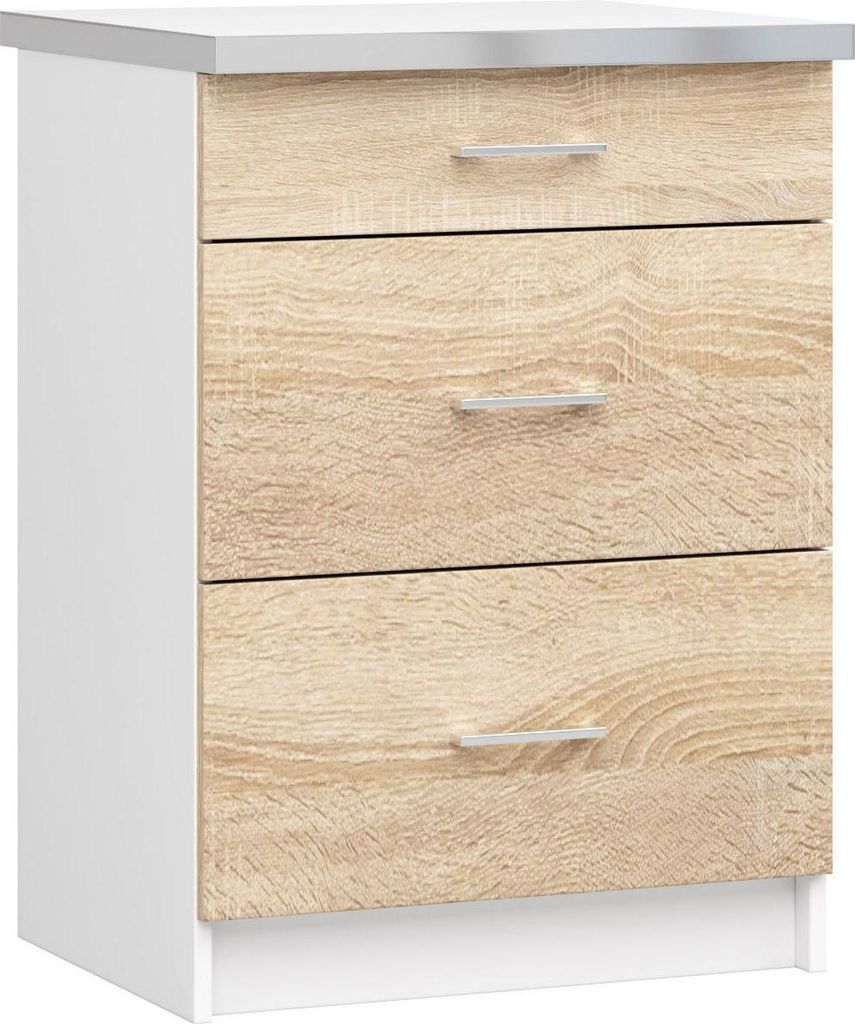 Küchenunterschrank – Unterschrank S60 SZ3 mit Arbeitsplatte – LIMA – Weiß / Sonoma Eiche Matt – 3 Schubladen