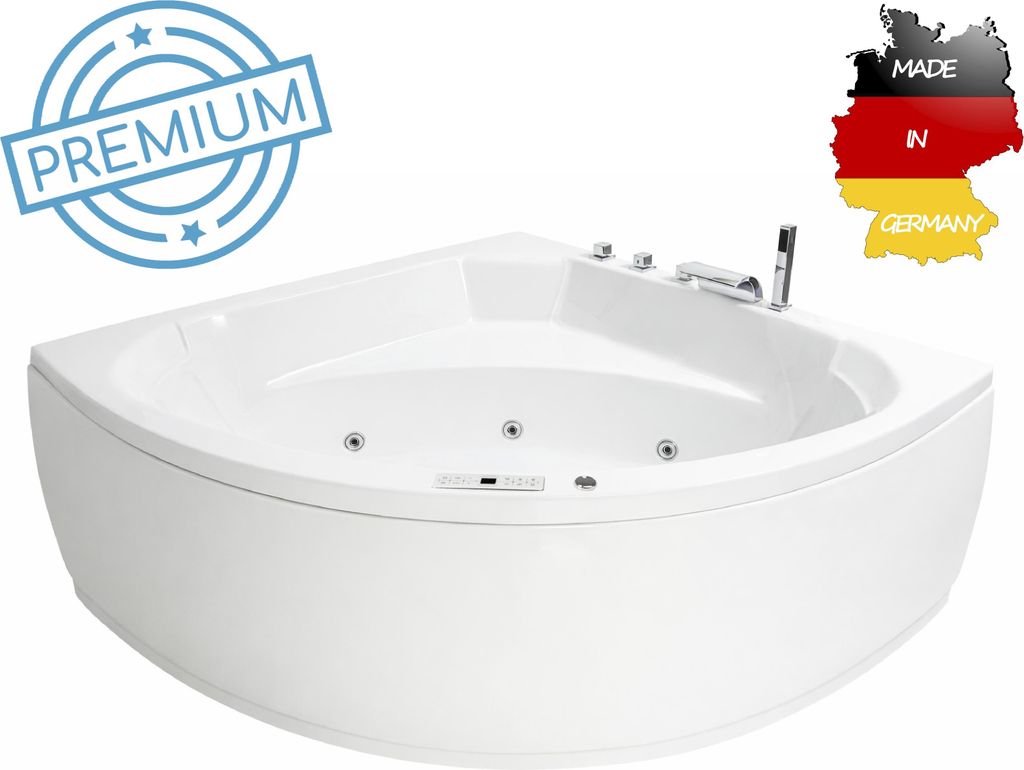 Basera PREMIUM Indoor Eck-Whirlpool Badewanne Korfu 155 x 155 cm mit 25 Massagedüsen, Heizung, Ozongenerator, Wasserfall, LED-Ambiente, Touchpanel...