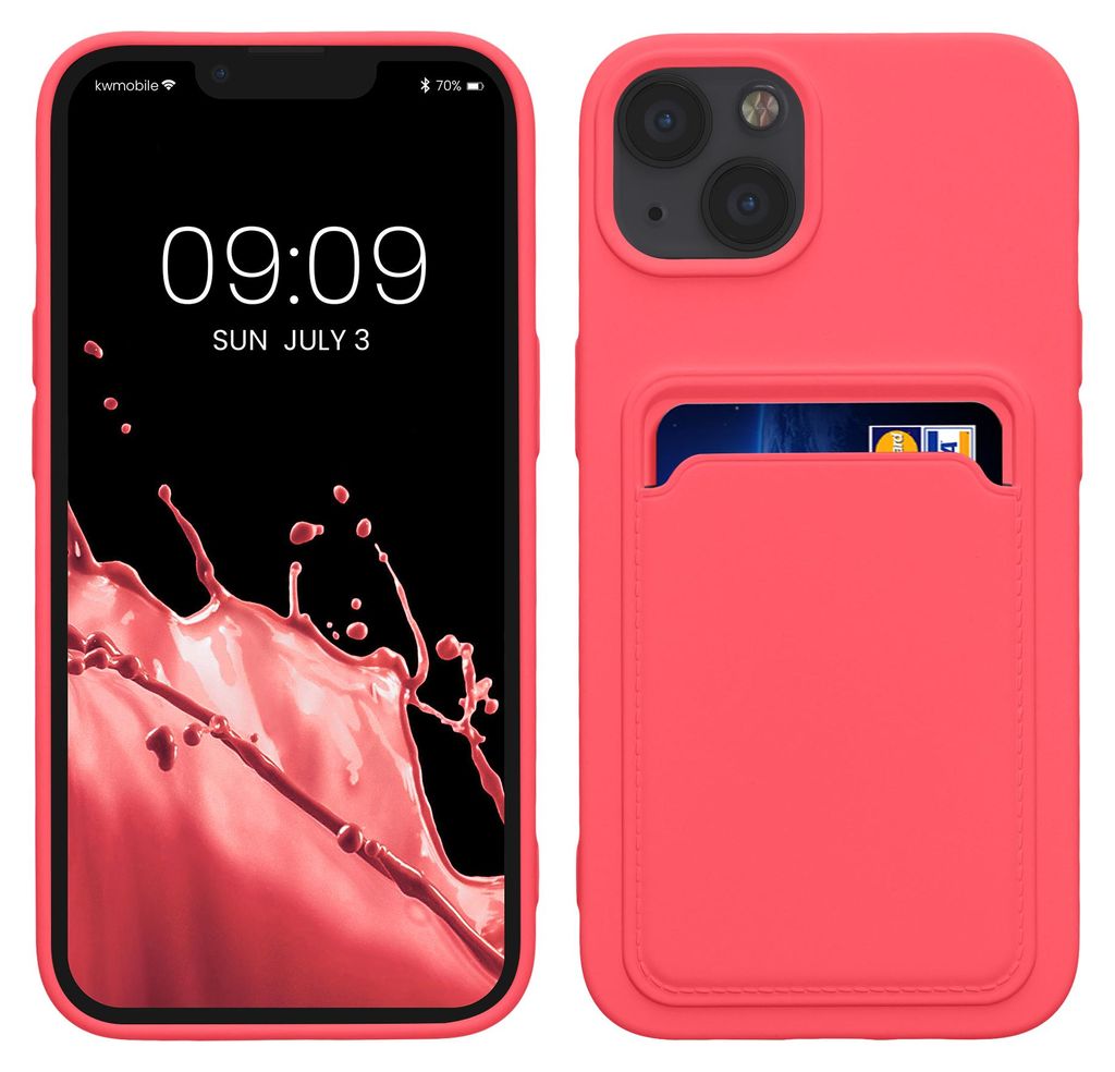 kwmobile Handyhülle für Apple iPhone 13 Hülle mit Kartenfach - TPU Case - Kabelloses Laden - Schutzhülle Cover in Neon Pink