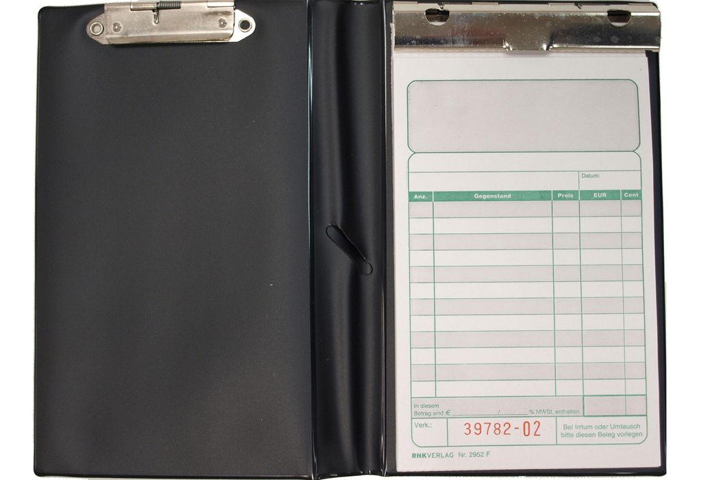 An open black folder with a notepad inside, showing a form with columns for items, descriptions, prices, and totals.