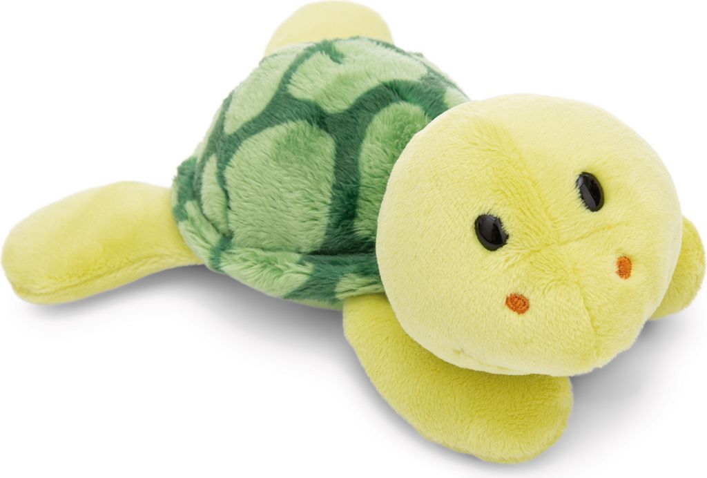 A plush toy turtle lying on a white background.