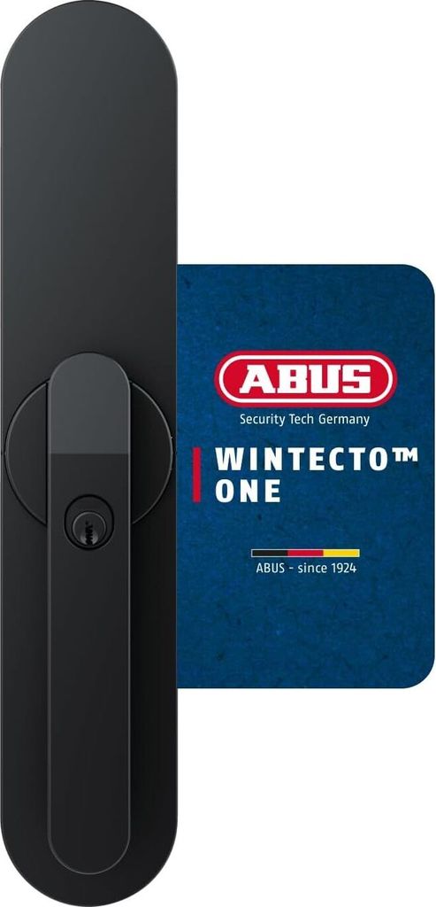 A black window handle and a blue product information card.