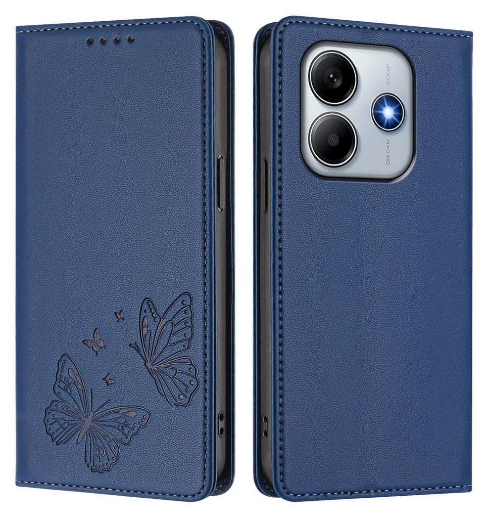 Lederhülle für Xiaomi Redmi Note 14 4G, Schmetterling Prägung Leder Brieftasche Schutzhülle mit Ständer Dunkelblau