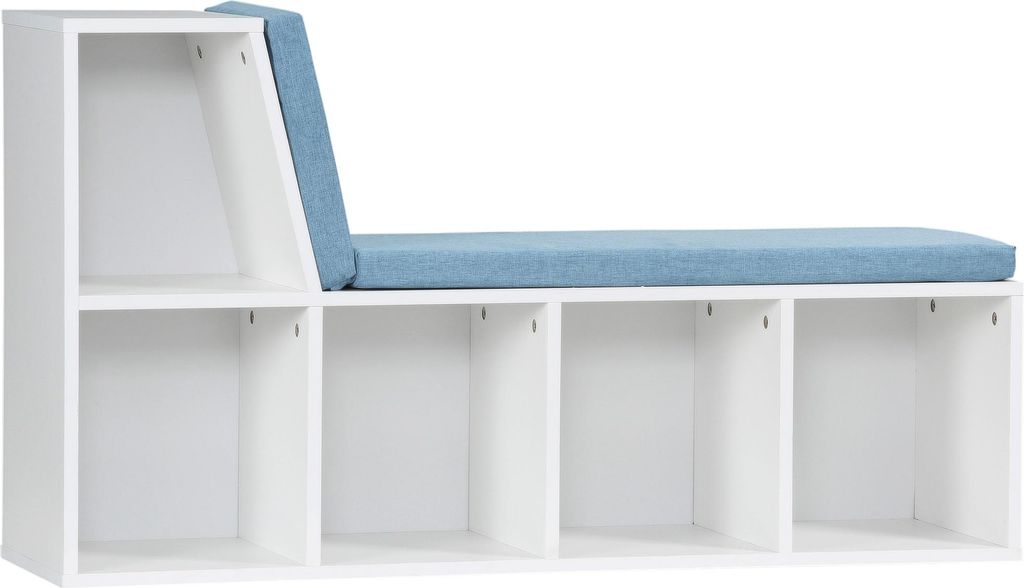 A white storage bench with blue cushions and five open compartments.