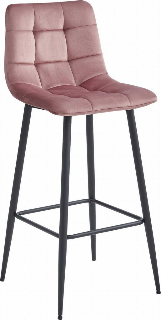 A single bar stool with a pink velvet seat and black metal legs, shown against a white background.