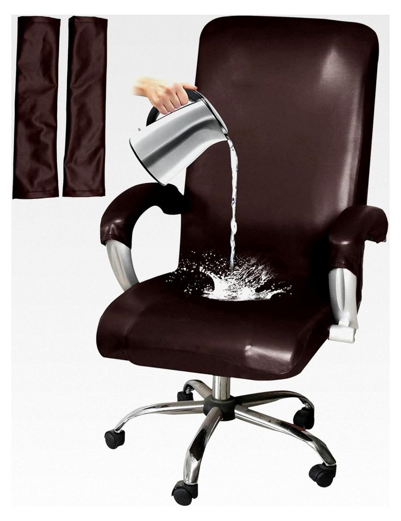 Wasserdichter Stretch Bürostuhlbezug aus Kunstleder, Universal Schwenkstuhlbezug mit abnehmbaren Armlehnenbezügen - Kaffee - XL