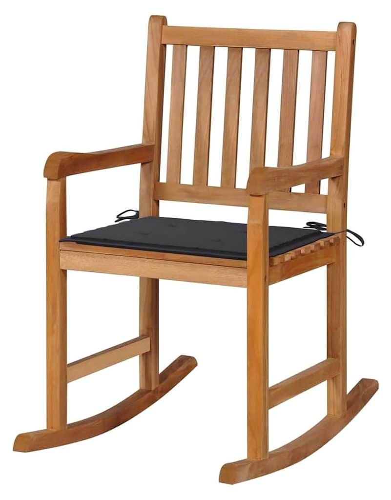 Schaukelstuhl aus Teakholz mit anthrazitfarbenem Kissen, langlebig, Relaxsessel für Garten und Balkon, Massivholz, 58 x 92,5 x 106 cm