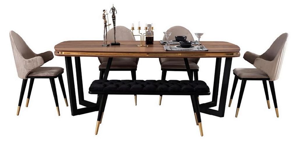 6tlg. Esszimmer Set Hochwertig Esstisch Bequem 4x Stühle Textil Hocker