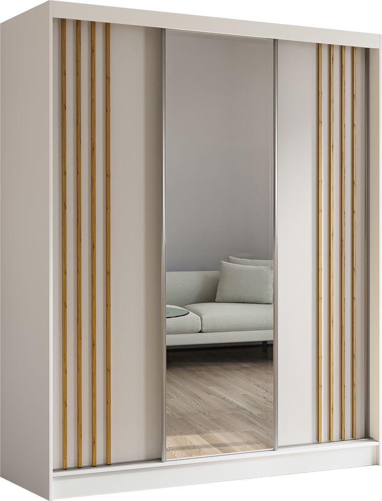 180 cm Kleiderschrank Neli mit Lamellen und Spiegel inklusive 3 Schiebetüren Schwebetürenschrank (Farbe: weiß, weiß, Lamelle Artisan)