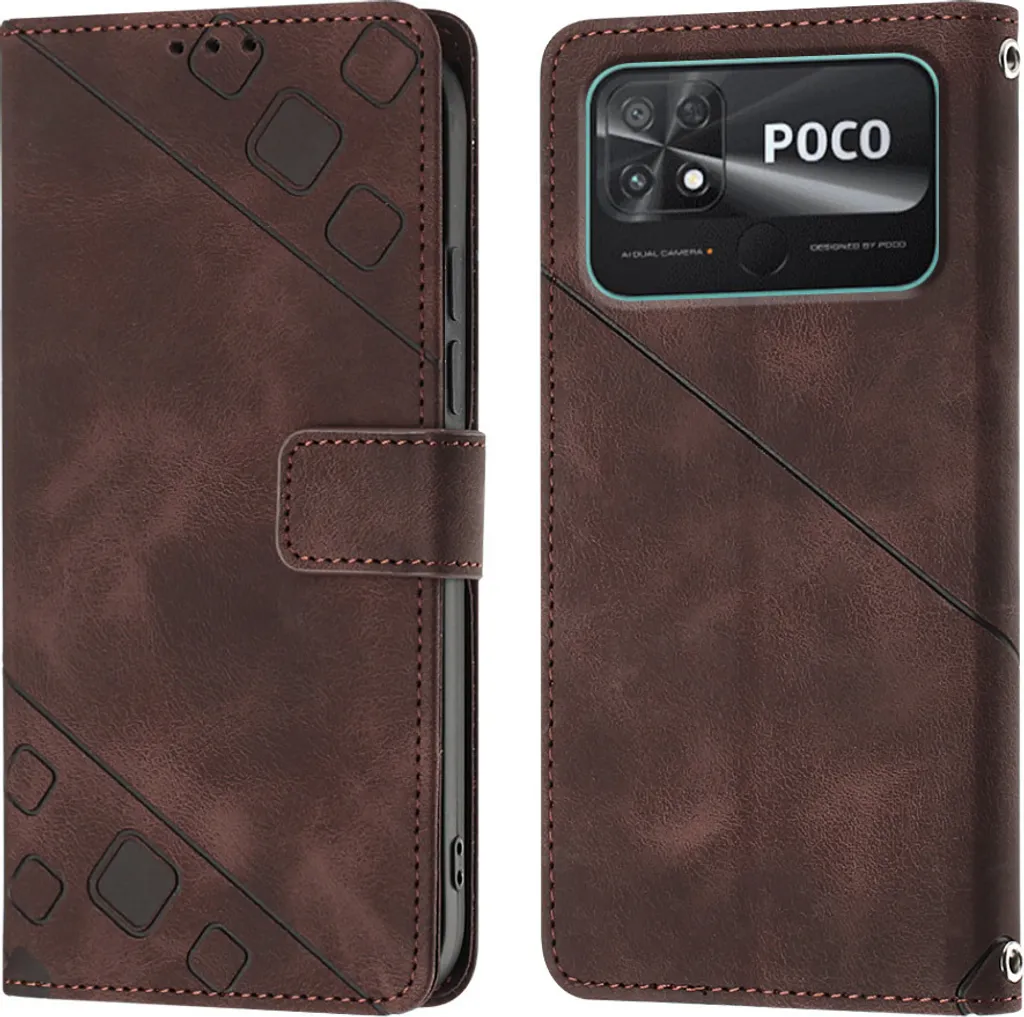 Cover Xiaomi Poco C40 Business in Pelle Marrone con Funzione Stand