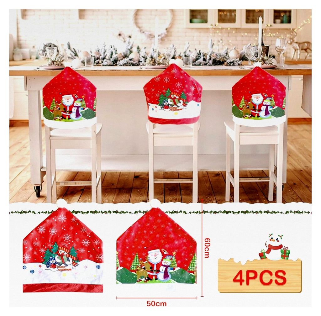 Weihnachtliche Stuhlhussen im 4er Set, Stuhlabdeckung mit Nikolausmütze, für Esszimmer und Dekoration 60×50cm