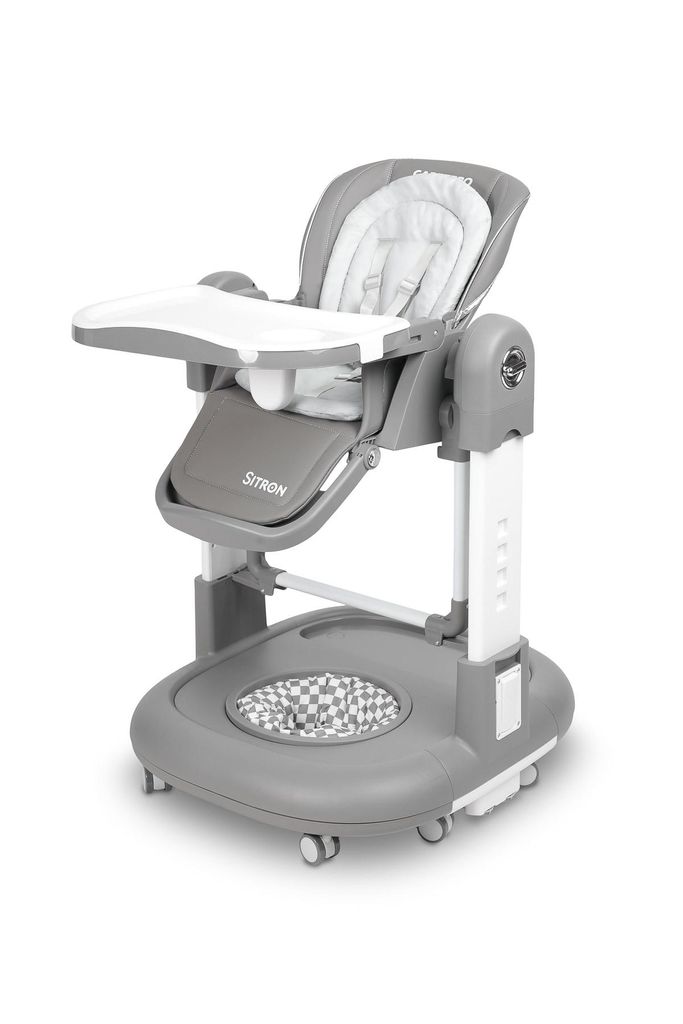 A gray and white baby high chair is shown against a white background.