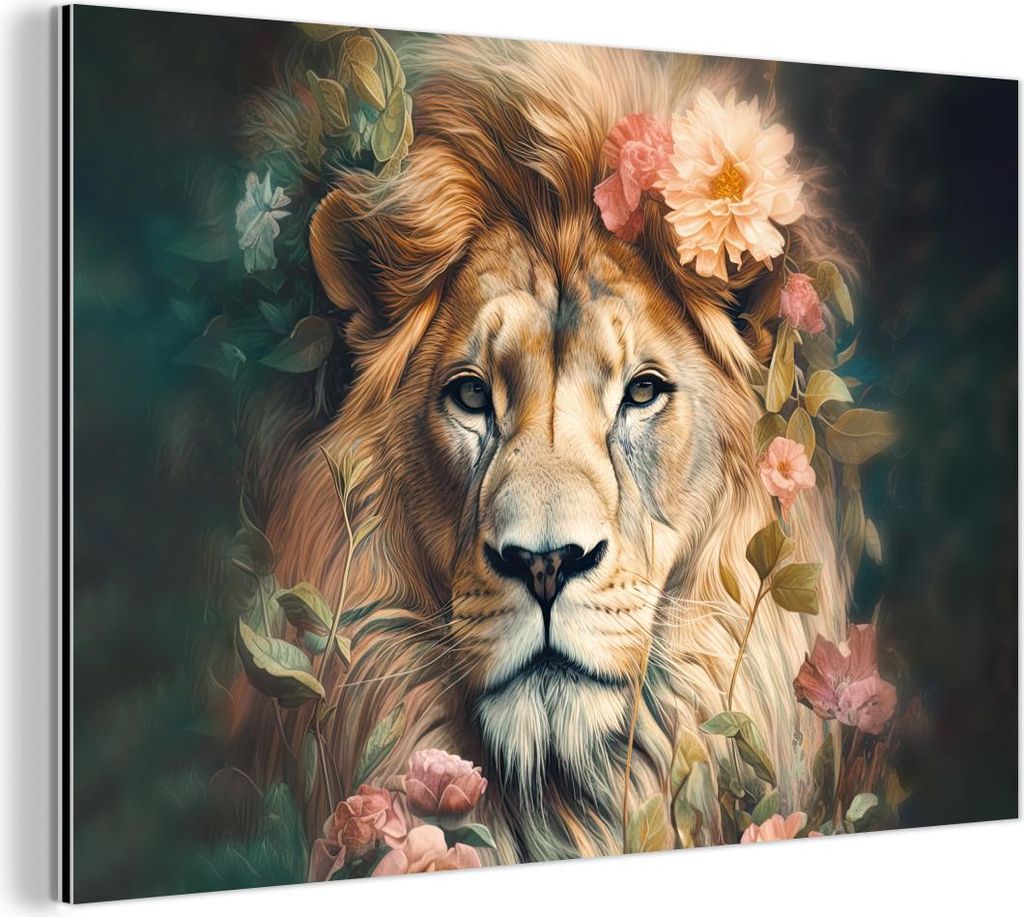 MuchoWow Wanddekoration Metall Metallbild Wandkunst 120x80 cm Löwe - Löwenkopf - Wilde Tiere - Blumen MuchoWow Aluminium Gemälde - Alu Bild