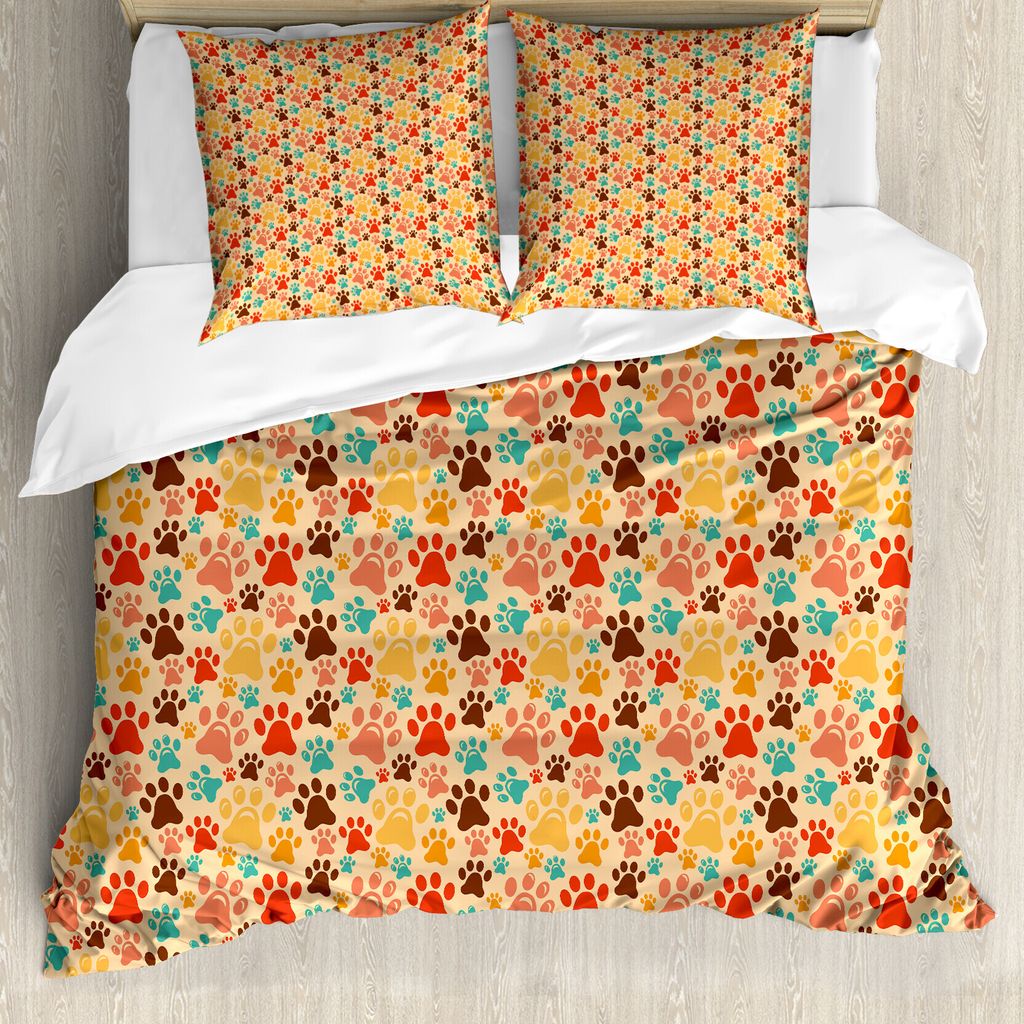 ABAKUHAUS Hundeliebhaber Bettbezug, Bunte Tatzen-Druck, Milbensicher Allergiker geeignet mit Kissenbezügen, 200 cm x 200 cm - 80 x 80 cm, Mehrfarbig