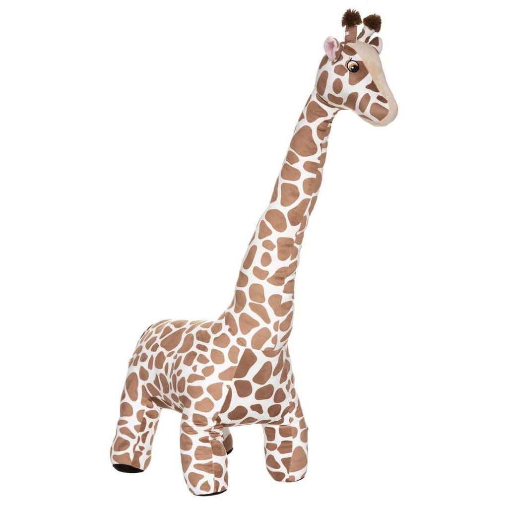 A plush giraffe toy standing on a white background.