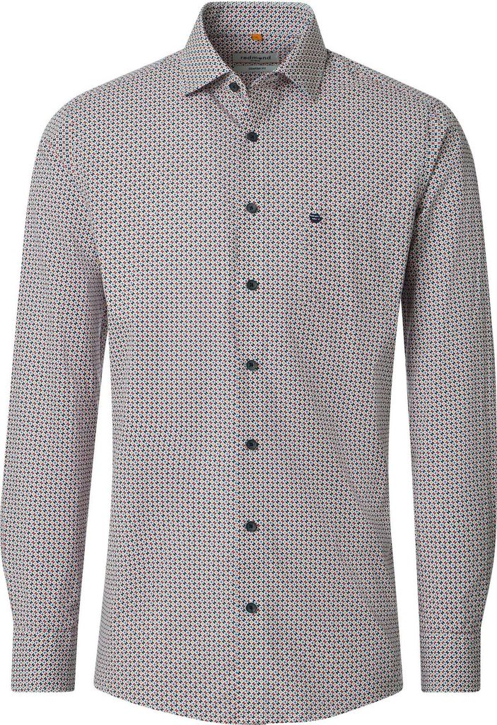 Redmond comfort fit overhemd, popeline, blauw met rood, wit en beige dessin