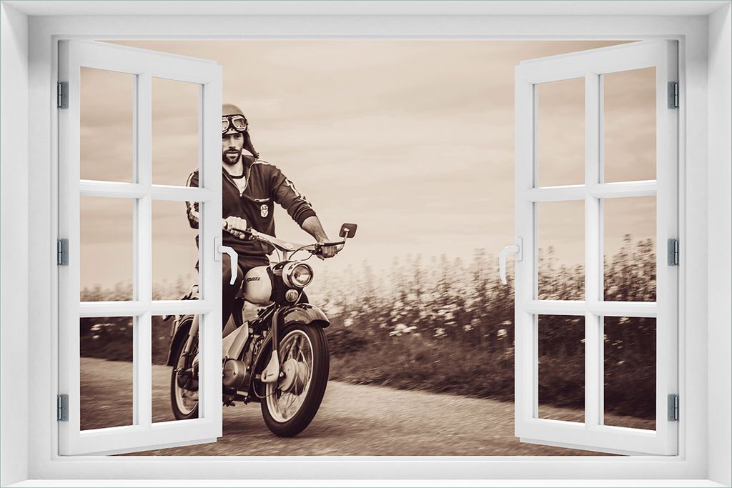 Wallario Wandbild aus Acryl, 60 x 90 cm, freischwebende Optik - Simson Fahrer in der DDR in Sepiafarben mit Fenster-Illusion