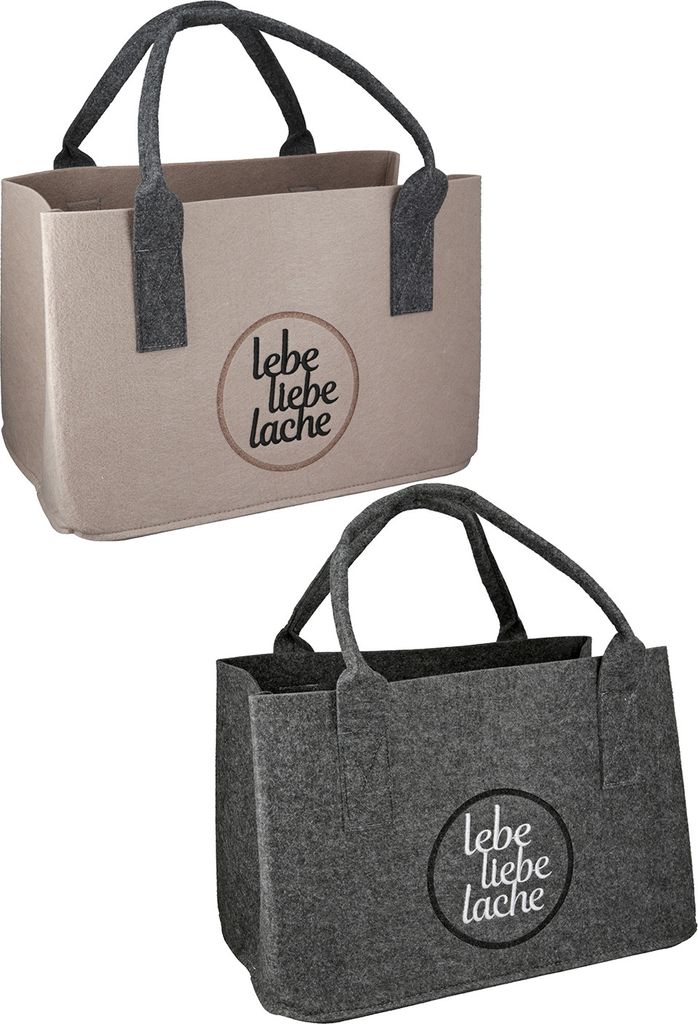 Gilde Tasche, rechteckig, "Lebe Liebe Lache", lebe, liebe, lache, Spruch, Filz, beige, grau, L. 25 cm, B. 40 cm, H. 26 cm 43073 4063387430736 2 St...