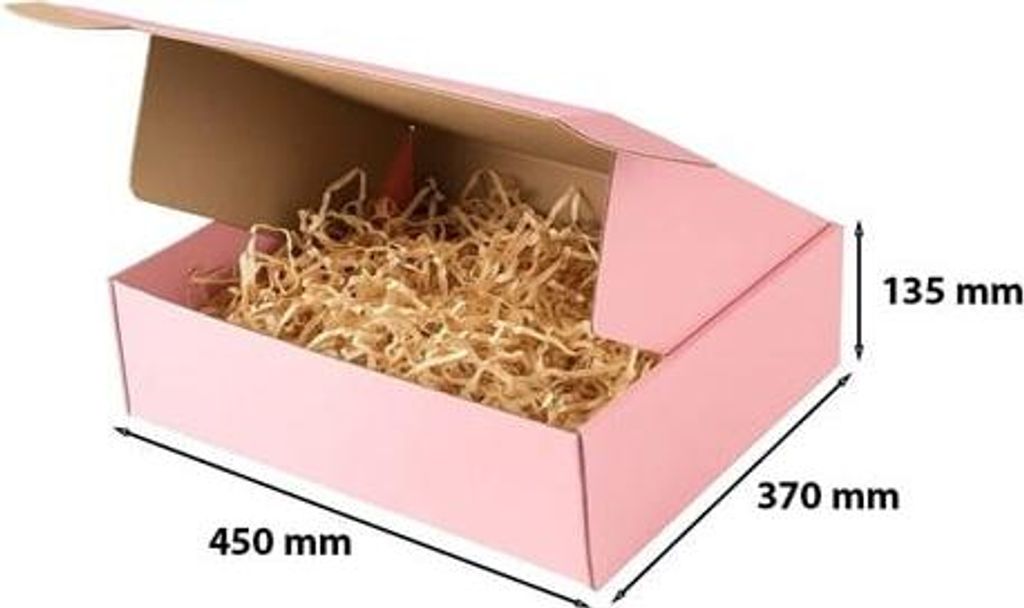 A pink cardboard box filled with shredded paper.