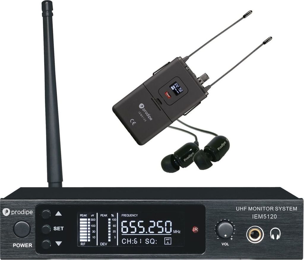 Prodipe In-Ear-Monitoring-System IEM5120 UHF 100 Kanäle 80m Reichweite Taschensender 66x108x22mm inkl. IEM3 Ohrhörer